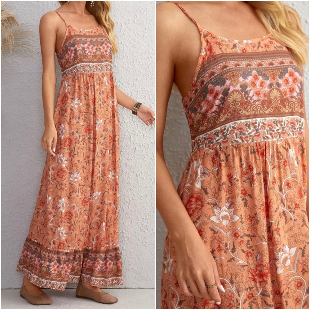 Boho Orange Floral Print Cami Maxi Dress Cottagecore - Picture 2 of 3